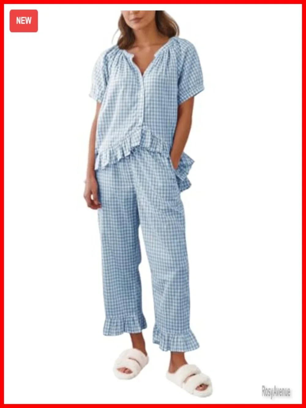 Women's Cotton Gingham Pajama Set 2 Piece Button Down Puff Sleeve Pants Lounge